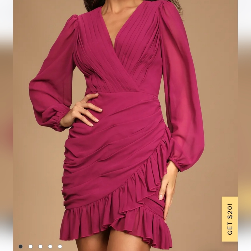 Lulus Frilly Magenta Ruffled Long Sleeve Mini Dress